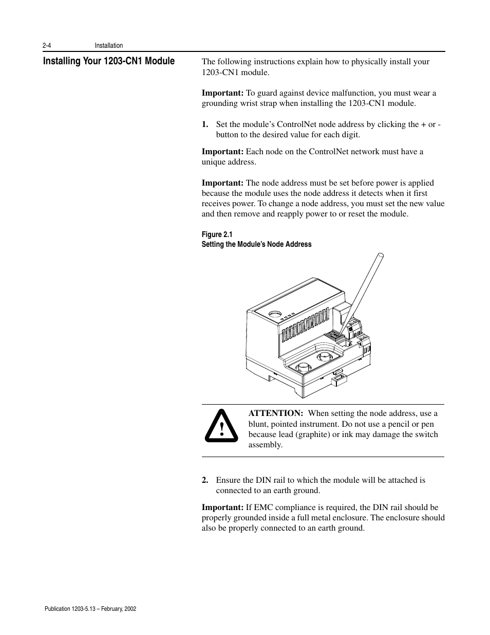 Installing your 1203-cn1 module -4 | Rockwell Automation 1203-CN1 ControlNet Communications Module 1203-CN1 User Manual | Page 24 / 152