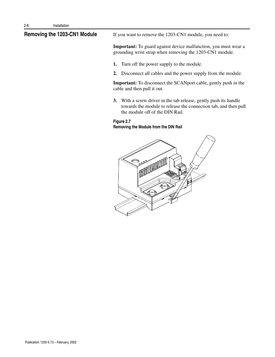 Removing the 1203-cn1 module -8 | Rockwell Automation 1203-CN1 ControlNet Communications Module 1203-CN1 User Manual | Page 28 / 152