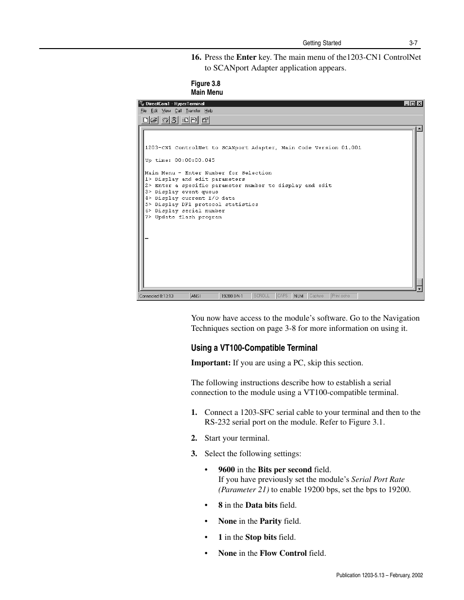 Using a vt100-compatible terminal -7 | Rockwell Automation 1203-CN1 ControlNet Communications Module 1203-CN1 User Manual | Page 35 / 152