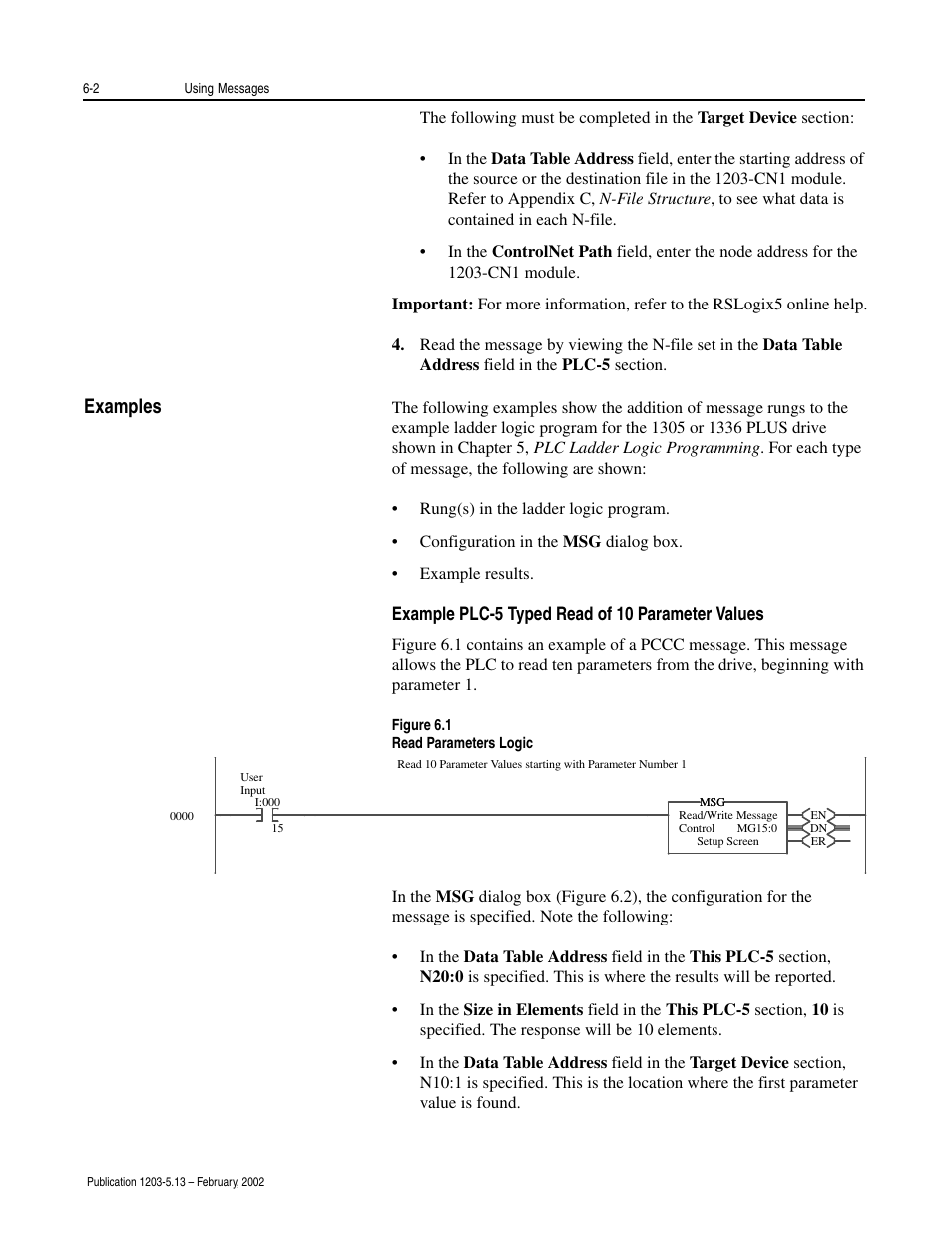 Examples -2, Example plc-5 typed read of 10 parameter values -2, Examples | Rockwell Automation 1203-CN1 ControlNet Communications Module 1203-CN1 User Manual | Page 68 / 152