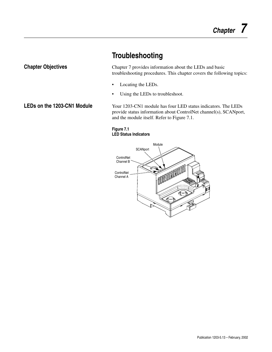 Chapter 7 - troubleshooting, Troubleshooting, Pter 7 | Leds on the 1203-cn1 module -1, Chapter 7, troubleshooting , fo, Chapter | Rockwell Automation 1203-CN1 ControlNet Communications Module 1203-CN1 User Manual | Page 75 / 152