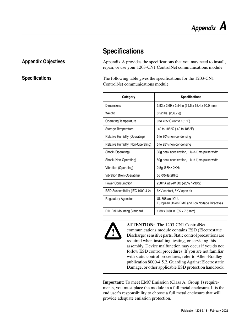 Appendix a, Specifications, Appendix | Appendix objectives | Rockwell Automation 1203-CN1 ControlNet Communications Module 1203-CN1 User Manual | Page 79 / 152