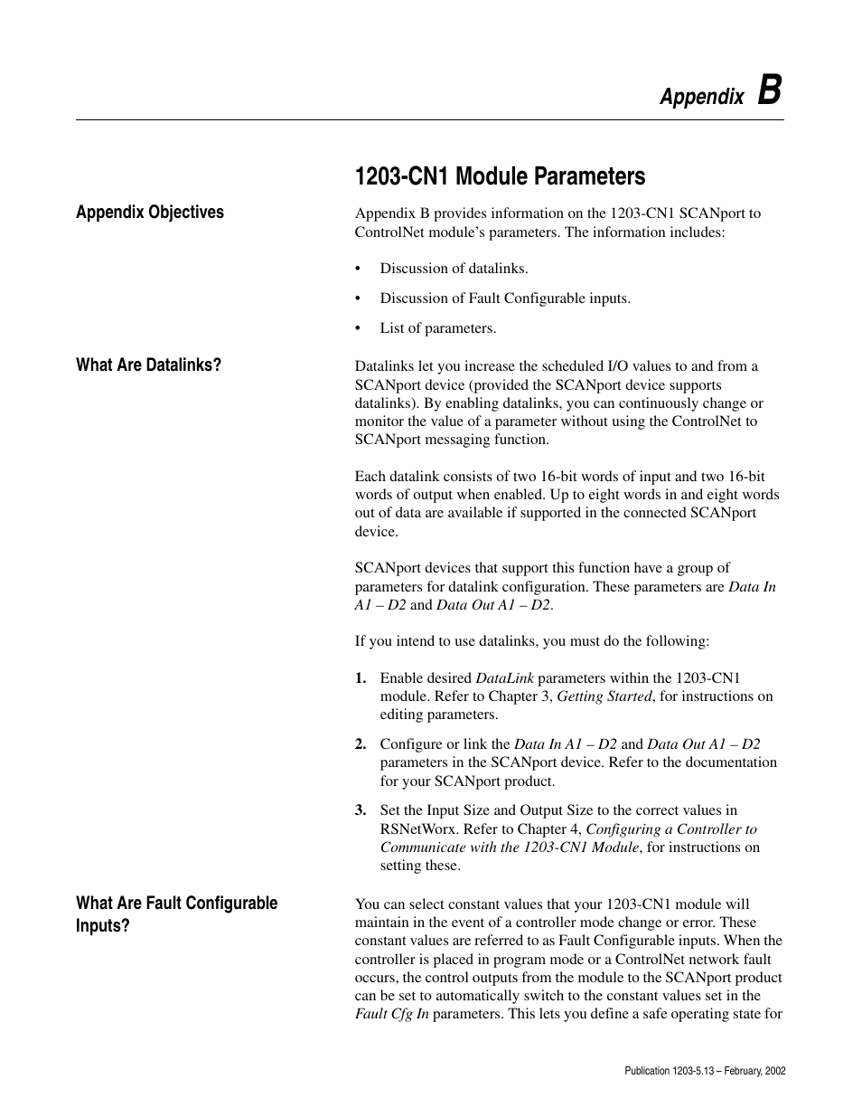 Appendix b, 1203-cn1 module parameters, Appendix | Rockwell Automation 1203-CN1 ControlNet Communications Module 1203-CN1 User Manual | Page 81 / 152