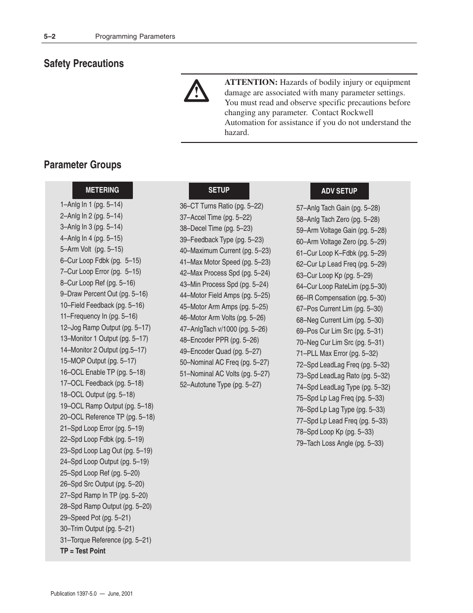 Safety precautions parameter groups | Rockwell Automation 1397 DC Drive Firmware 2.xx User Manual | Page 112 / 276