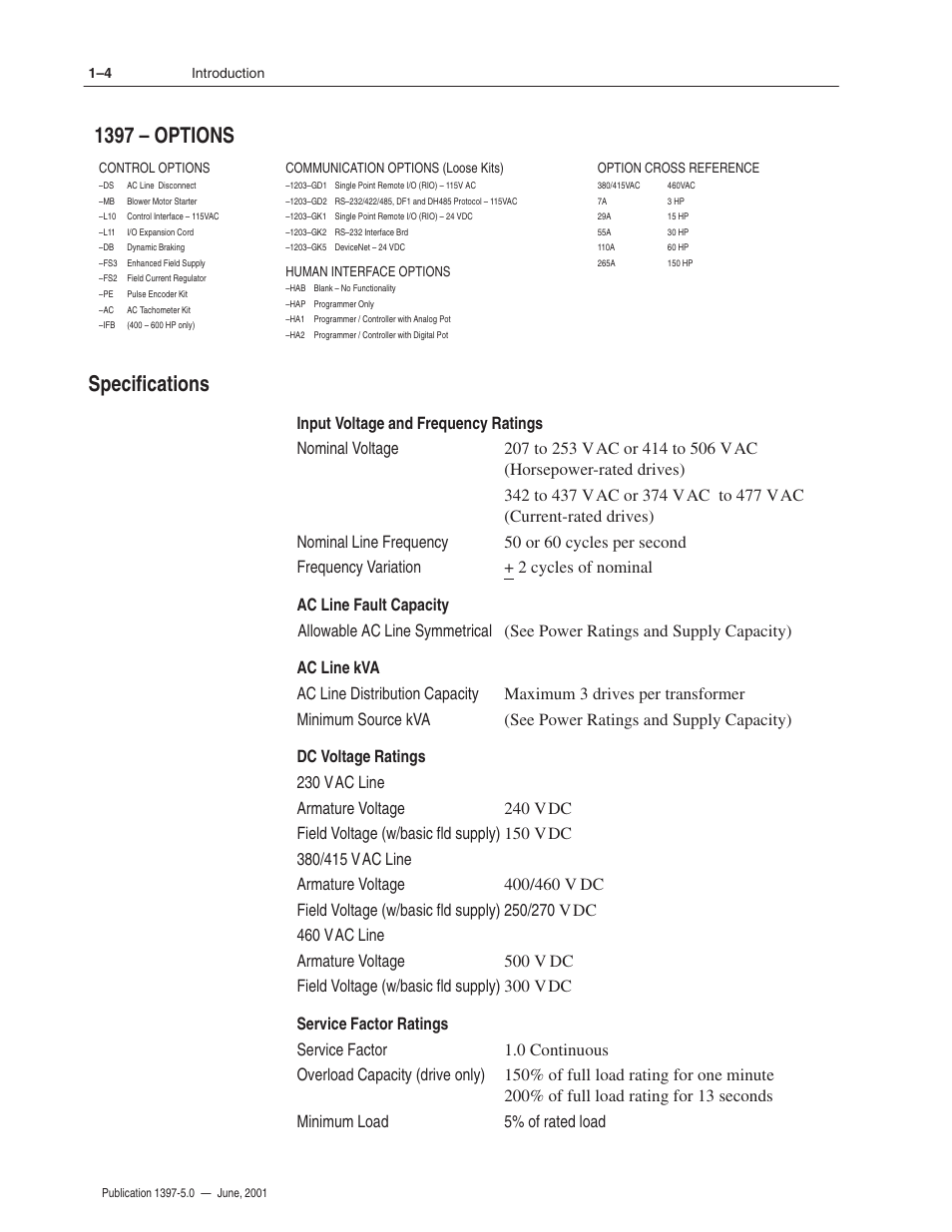 1397 – options, Specifications | Rockwell Automation 1397 DC Drive Firmware 2.xx User Manual | Page 12 / 276