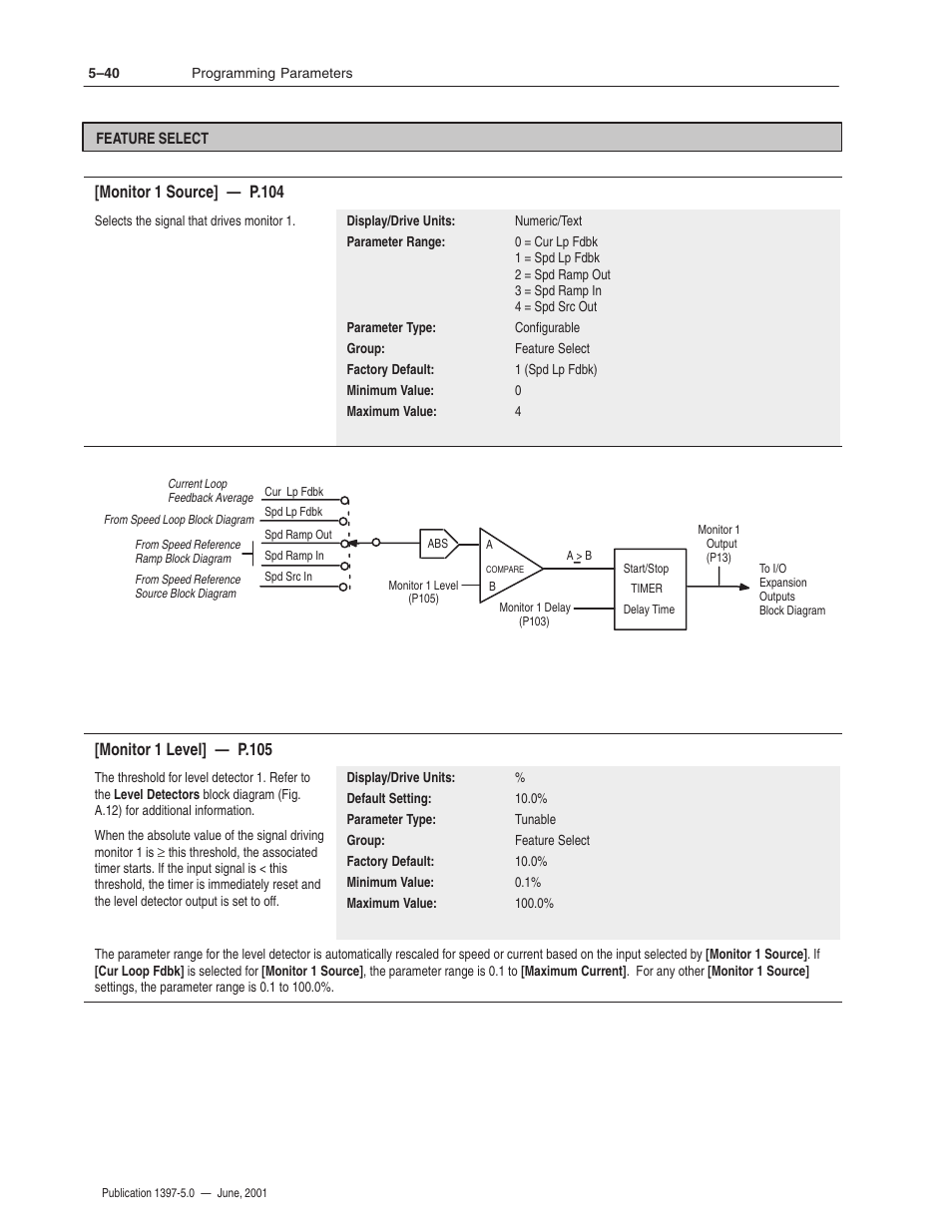 Monitor 1 source] — p.104, Monitor 1 level] — p.105 | Rockwell Automation 1397 DC Drive Firmware 2.xx User Manual | Page 150 / 276