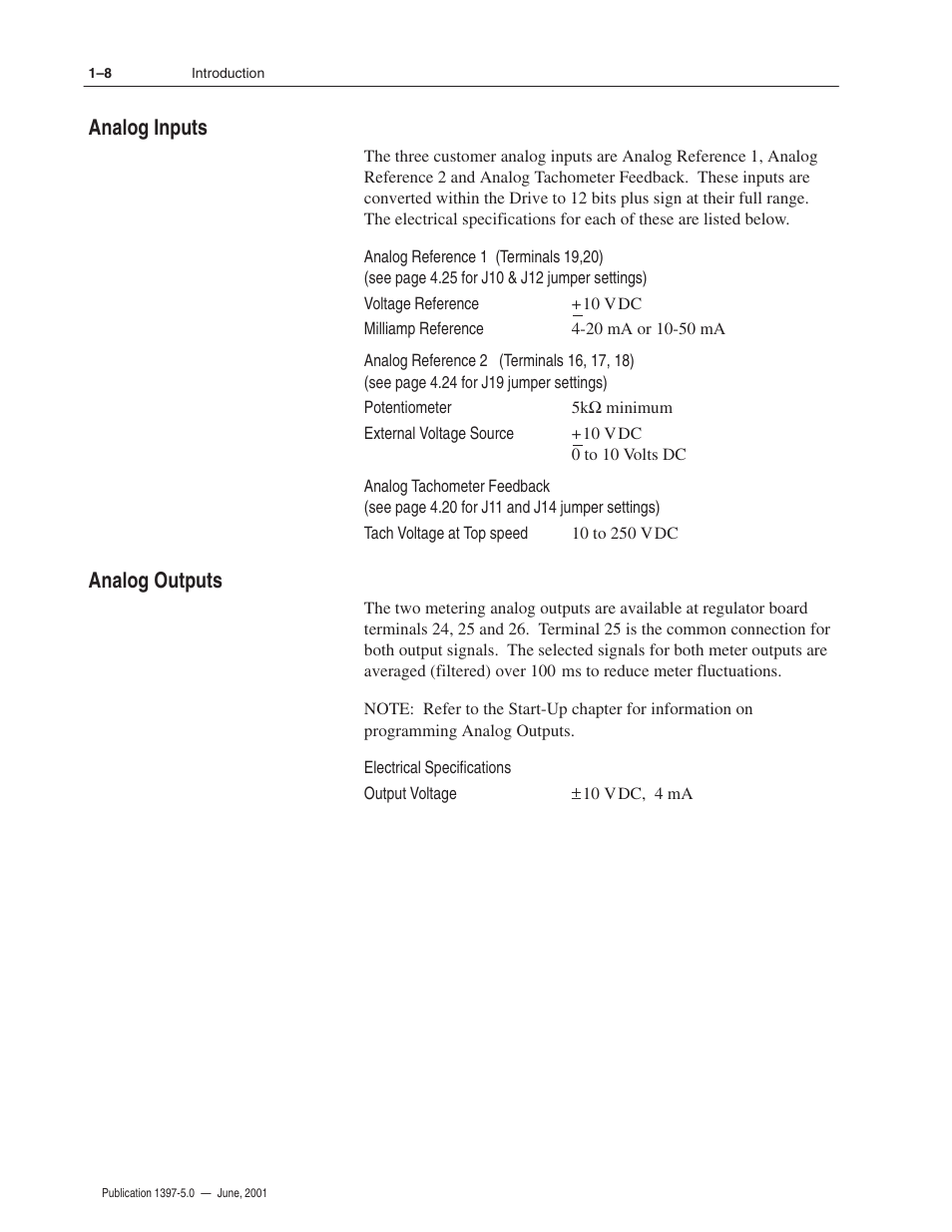 Analog inputs analog outputs | Rockwell Automation 1397 DC Drive Firmware 2.xx User Manual | Page 16 / 276