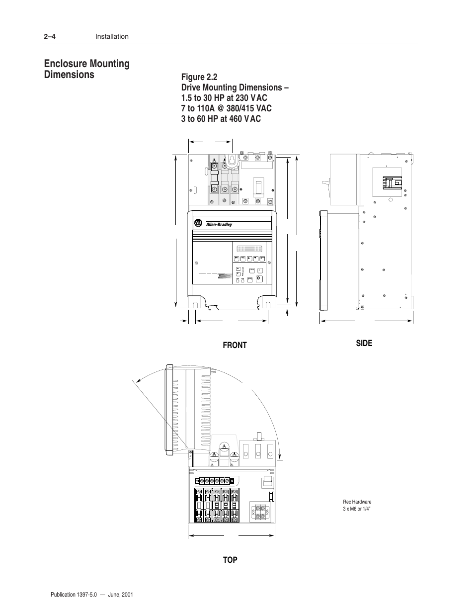 Enclosure mounting dimensions, Front top side | Rockwell Automation 1397 DC Drive Firmware 2.xx User Manual | Page 22 / 276