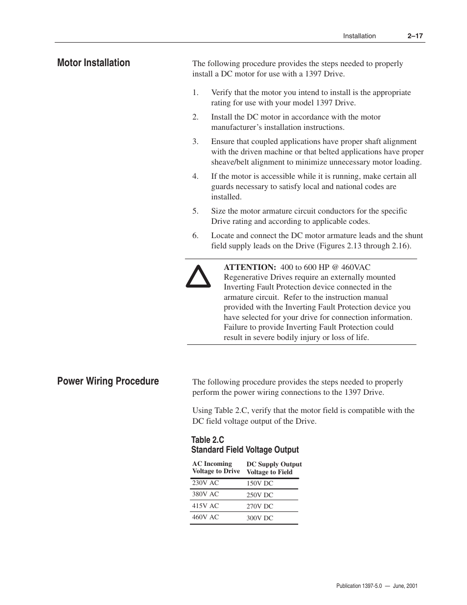 Motor installation power wiring procedure | Rockwell Automation 1397 DC Drive Firmware 2.xx User Manual | Page 35 / 276