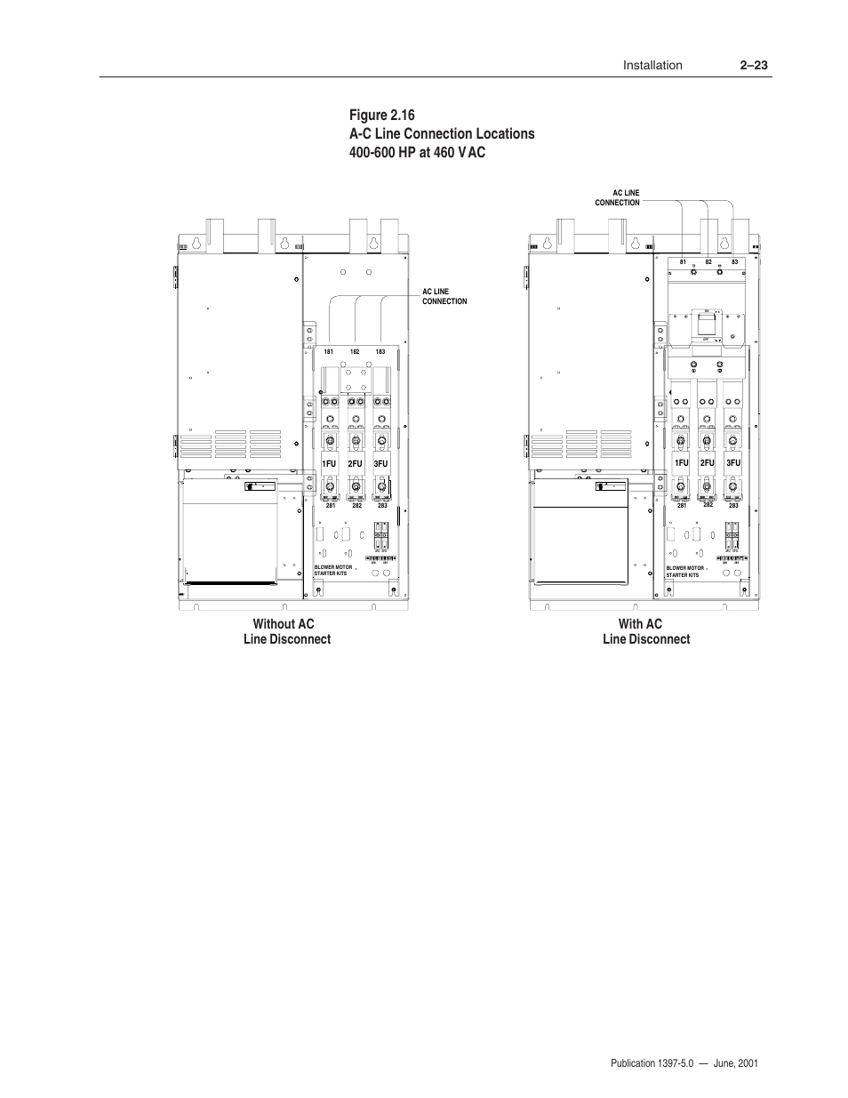 Without ac line disconnect with ac line disconnect, 2–23 installation | Rockwell Automation 1397 DC Drive Firmware 2.xx User Manual | Page 41 / 276