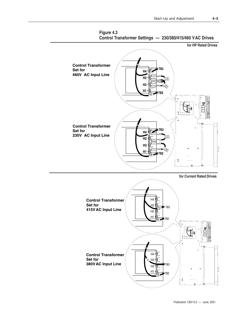 Ac input line control transformer set for 380v, Ac input line, Control transformer set for 460v | Ac input line control transformer set for 230v | Rockwell Automation 1397 DC Drive Firmware 2.xx User Manual | Page 77 / 276