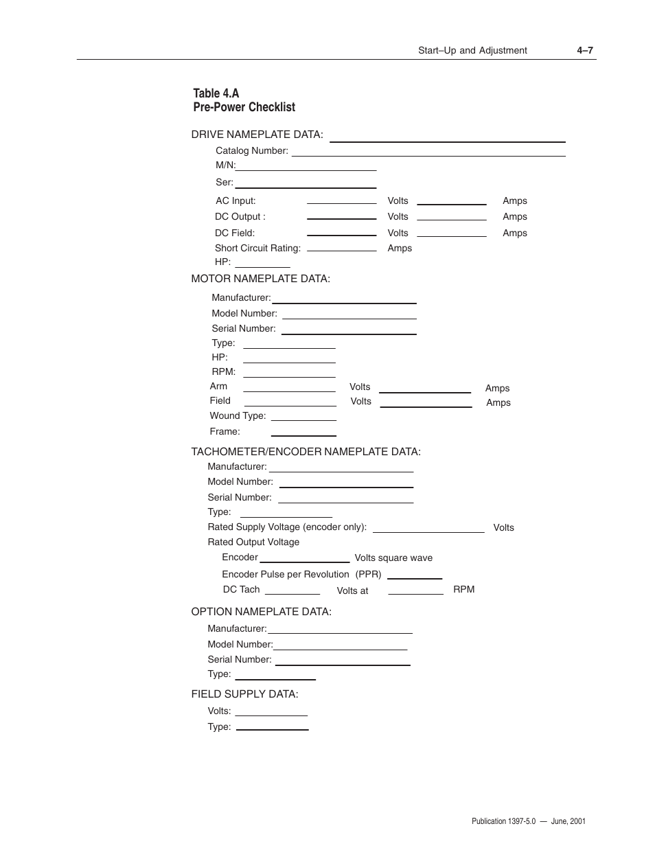 Table 4.a pre-power checklist | Rockwell Automation 1397 DC Drive Firmware 2.xx User Manual | Page 79 / 276