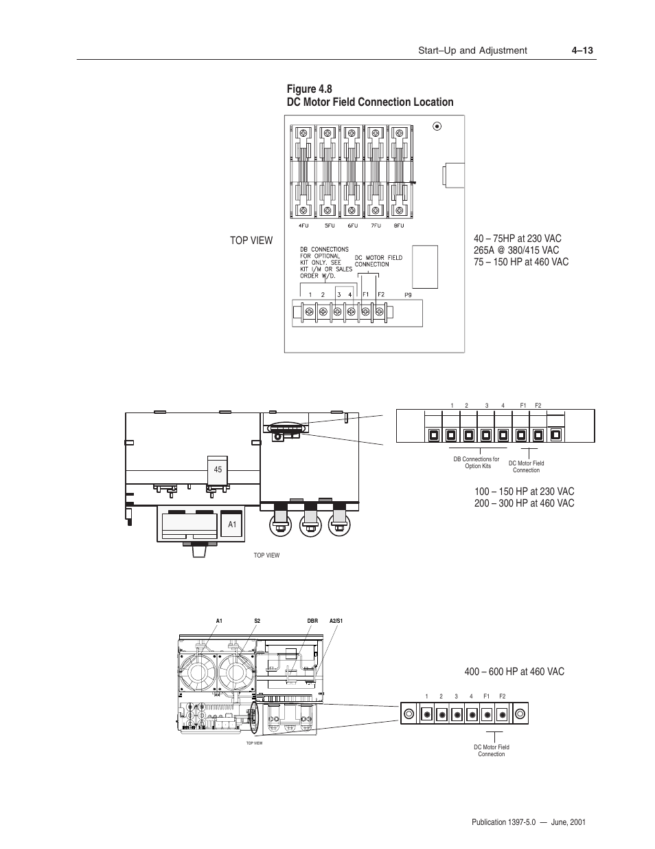 Figure 4.8 dc motor field connection location, 4–13 start–up and adjustment | Rockwell Automation 1397 DC Drive Firmware 2.xx User Manual | Page 85 / 276