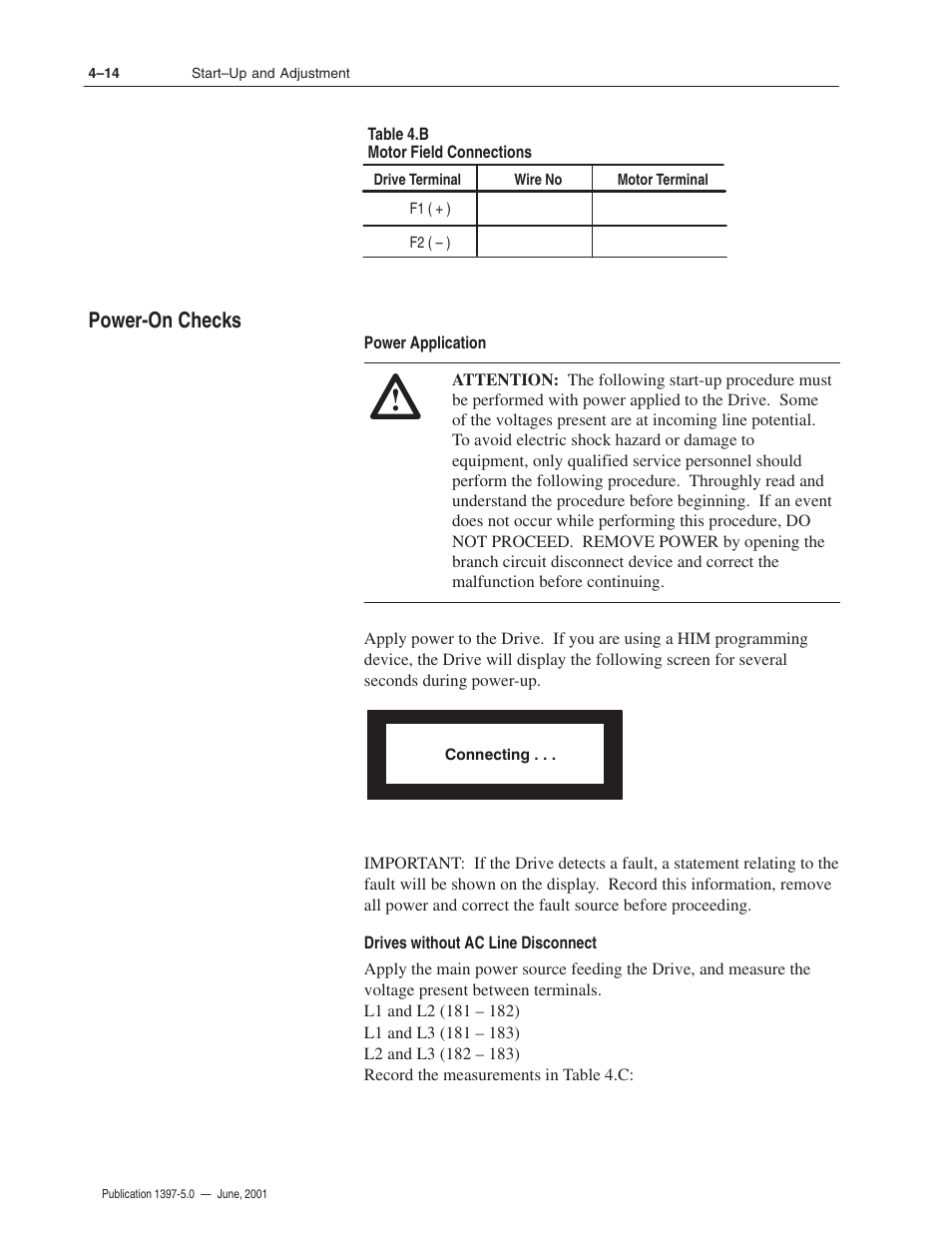 Power-on checks | Rockwell Automation 1397 DC Drive Firmware 2.xx User Manual | Page 86 / 276