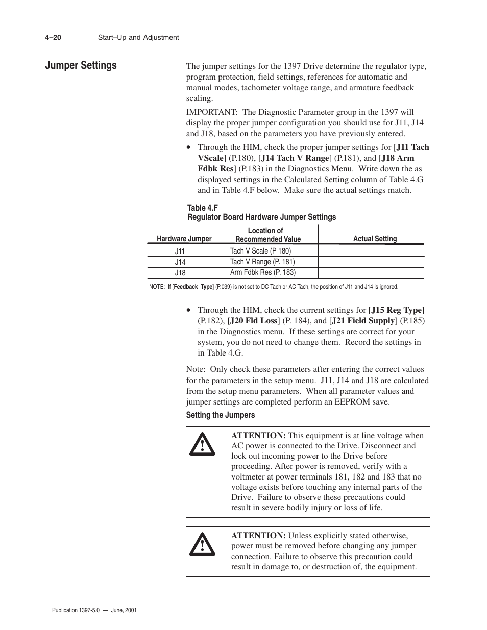 Jumper settings | Rockwell Automation 1397 DC Drive Firmware 2.xx User Manual | Page 92 / 276
