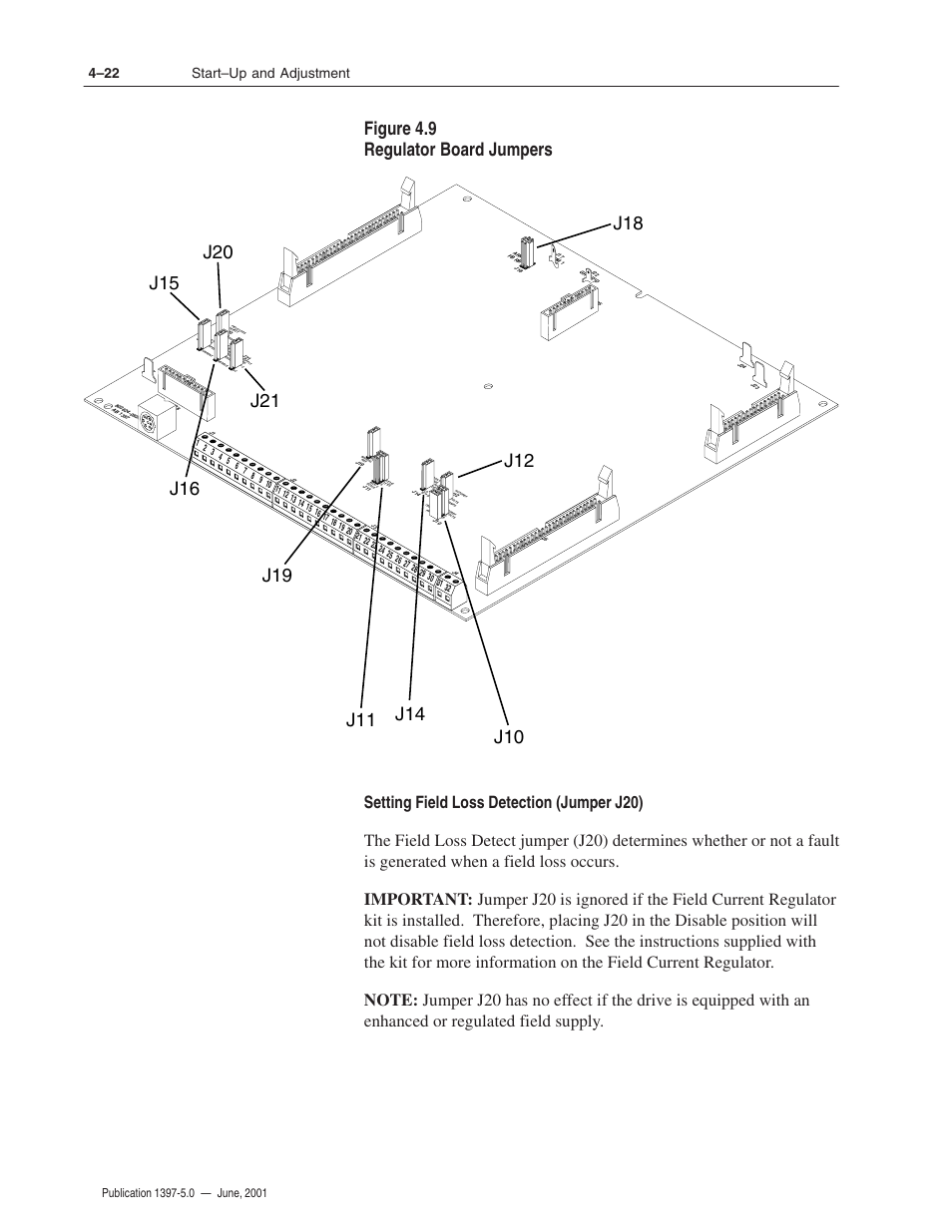 Figure 4.9 regulator board jumpers, 4–22 start–up and adjustment | Rockwell Automation 1397 DC Drive Firmware 2.xx User Manual | Page 94 / 276