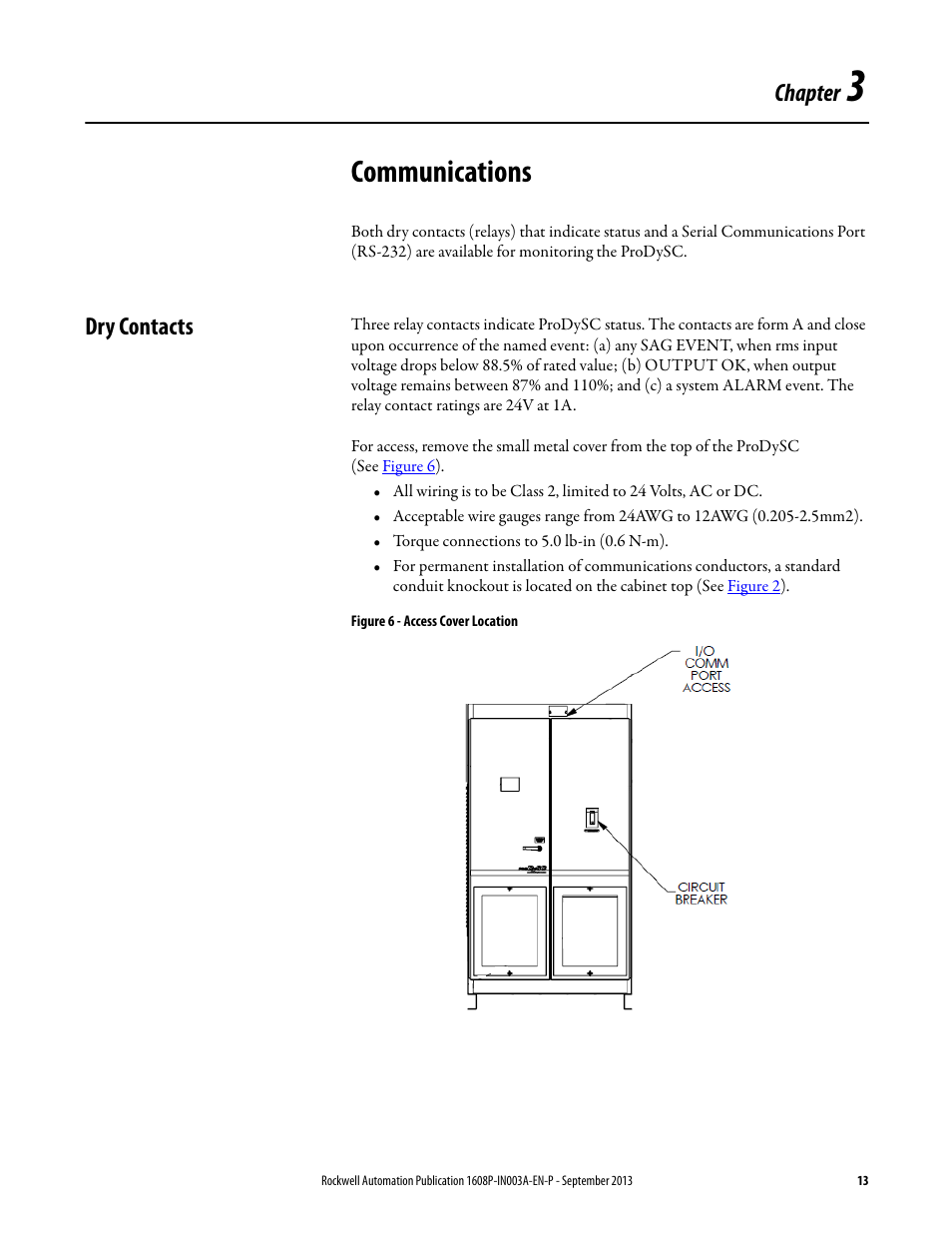 Chapter 3, Communications, Dry contacts | Figure 6 - access cover location, Ch 3 - communications, Chapter | Rockwell Automation 1608P ProDySC Installation Instructions, 200 A User Manual | Page 13 / 20