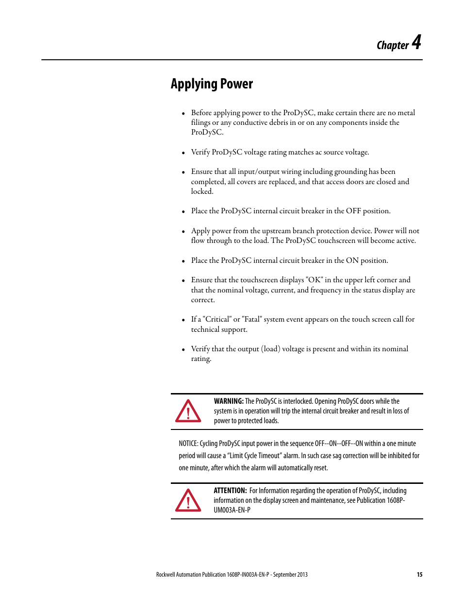 Chapter 4, Applying power, Ch 4 - applying power | Chapter | Rockwell Automation 1608P ProDySC Installation Instructions, 200 A User Manual | Page 15 / 20