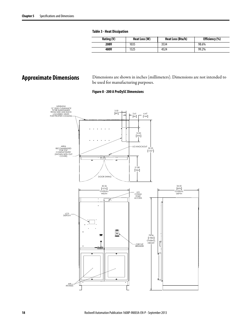 Table 3 - heat dissipation, Approximate dimensions, Figure 8 - 200 a prodysc dimensions | Technical specifications | Rockwell Automation 1608P ProDySC Installation Instructions, 200 A User Manual | Page 18 / 20