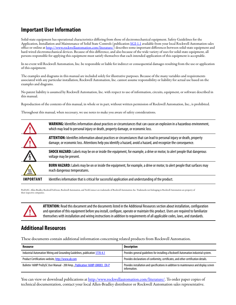 Important user information, Additional resources | Rockwell Automation 1608P ProDySC Installation Instructions, 200 A User Manual | Page 2 / 20