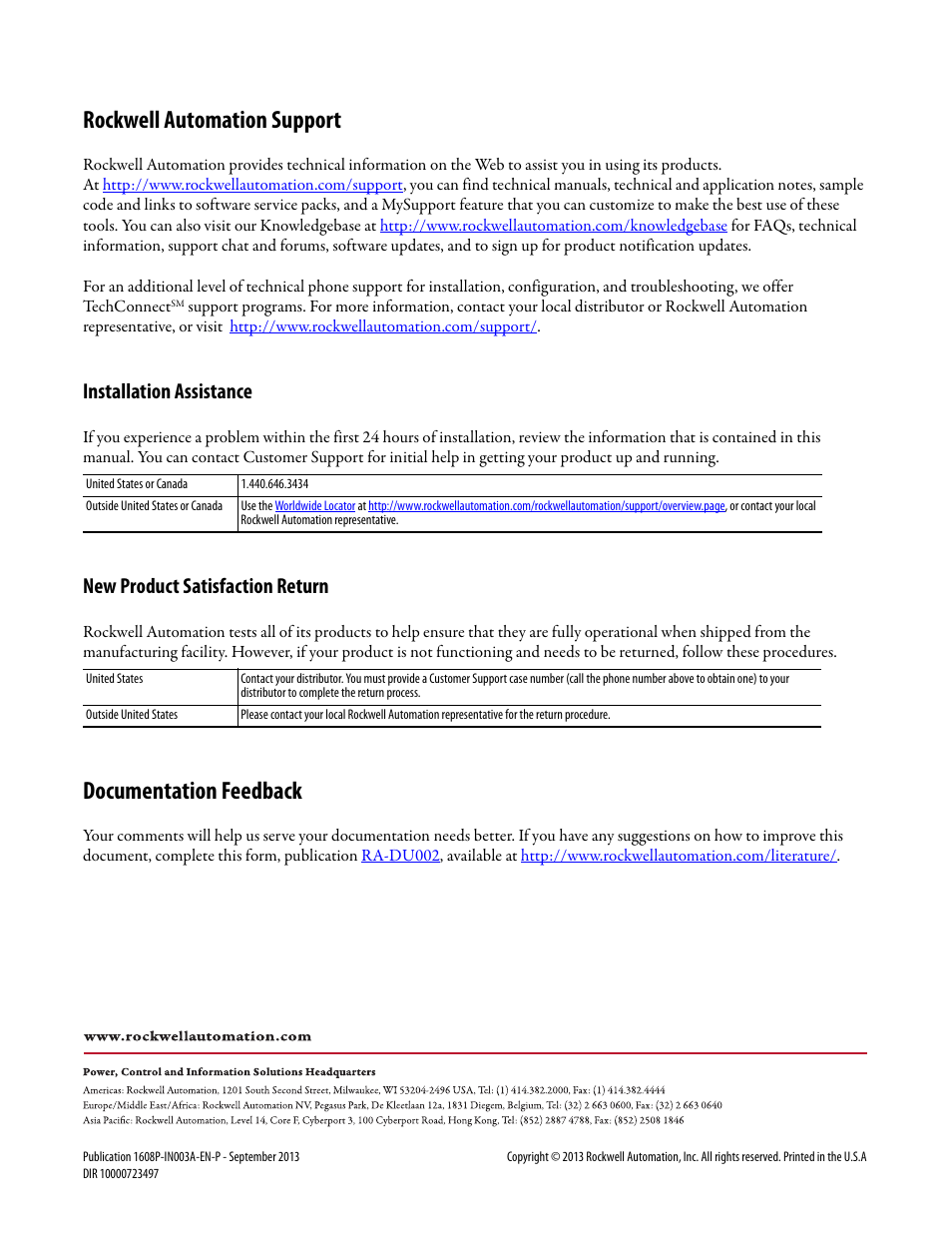 Rockwell automation support, Documentation feedback, Installation assistance | New product satisfaction return | Rockwell Automation 1608P ProDySC Installation Instructions, 200 A User Manual | Page 20 / 20