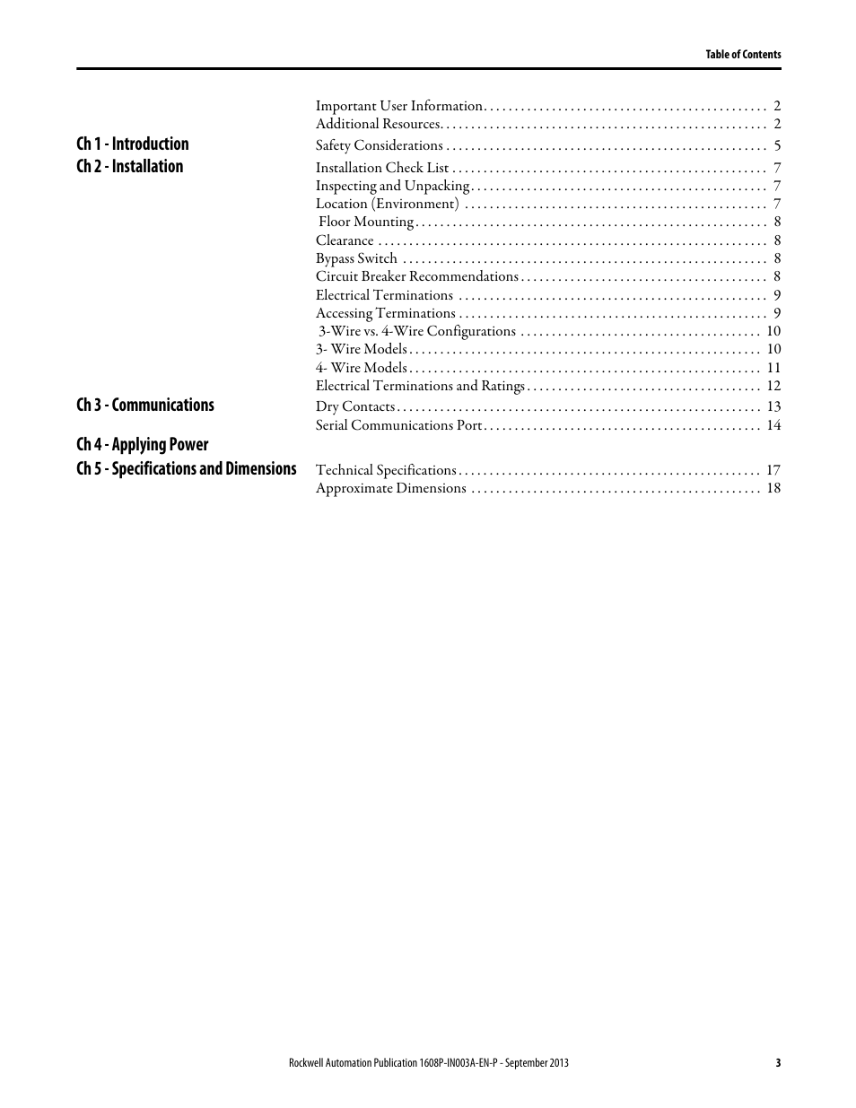 Ch 1 - introduction, Ch 2 - installation, Ch 3 - communications | Ch 4 - applying power, Ch 5 - specifications and dimensions | Rockwell Automation 1608P ProDySC Installation Instructions, 200 A User Manual | Page 3 / 20