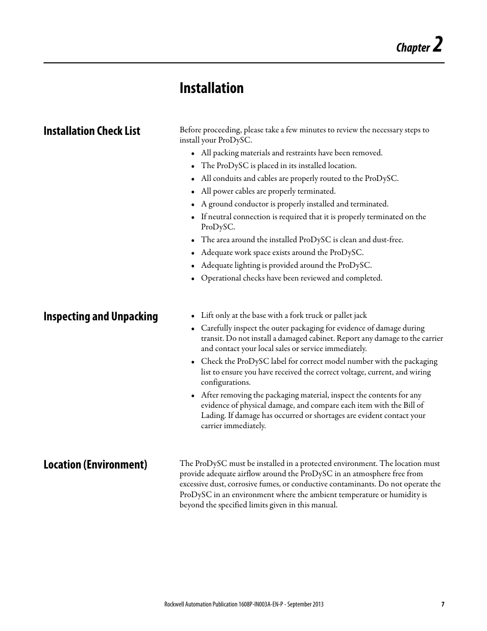 Chapter 2, Installation, Installation check list | Inspecting and unpacking, Location (environment), Ch 2 - installation, Chapter | Rockwell Automation 1608P ProDySC Installation Instructions, 200 A User Manual | Page 7 / 20