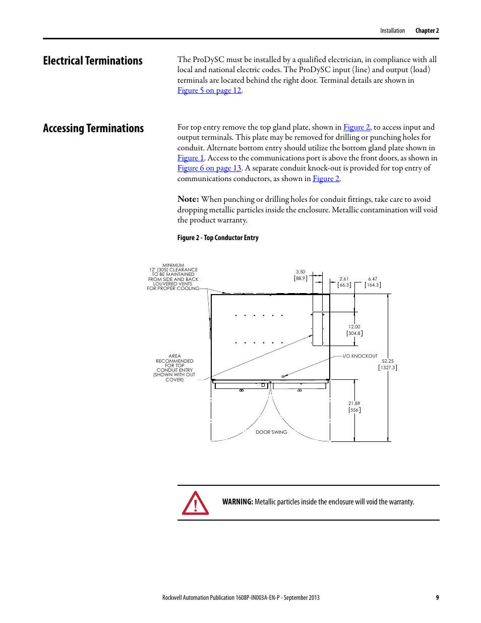 Electrical terminations, Accessing terminations, Figure 2 - top conductor entry | Electrical terminations accessing terminations | Rockwell Automation 1608P ProDySC Installation Instructions, 200 A User Manual | Page 9 / 20