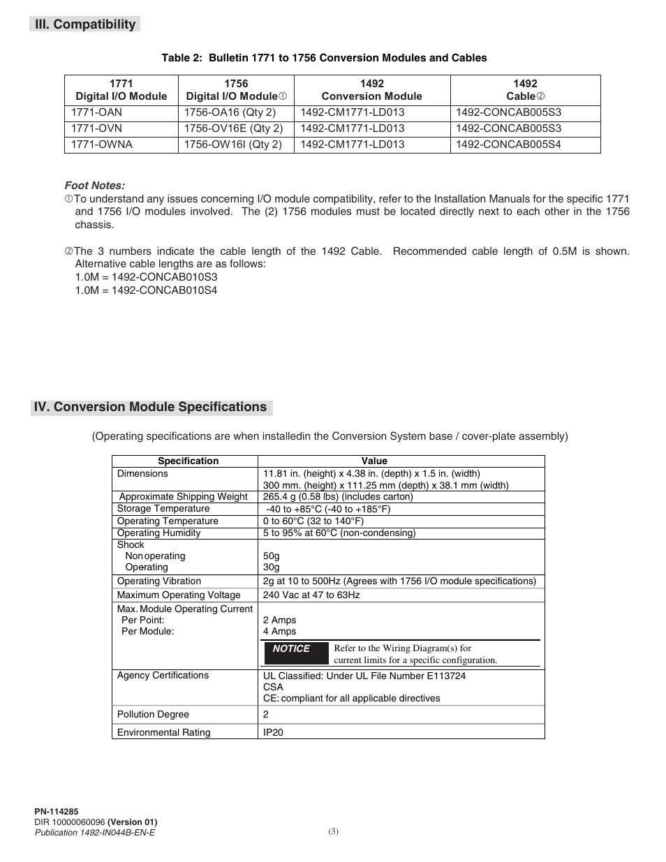 Iv. conversion module specifications, Iii. compatibility | Rockwell Automation 1492-CM1771-LD0013F Field Wire Conversion Module User Manual | Page 3 / 6