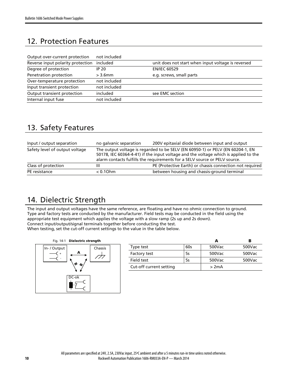Protection features, Safety features, Dielectric strength | Rockwell Automation 1606-XLERED Power Supply Reference Manual User Manual | Page 10 / 20