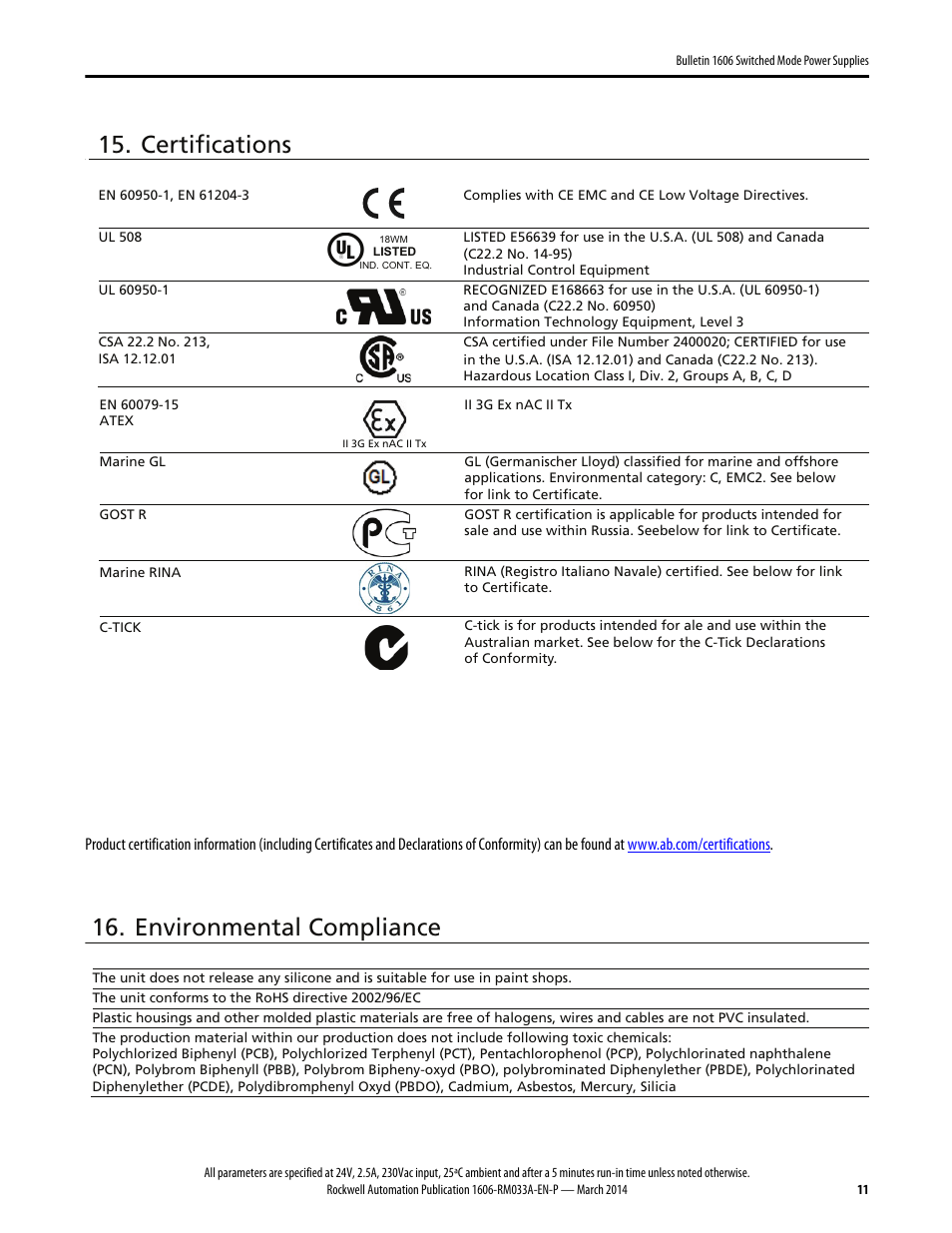 Certifications, Environmental compliance | Rockwell Automation 1606-XLERED Power Supply Reference Manual User Manual | Page 11 / 20