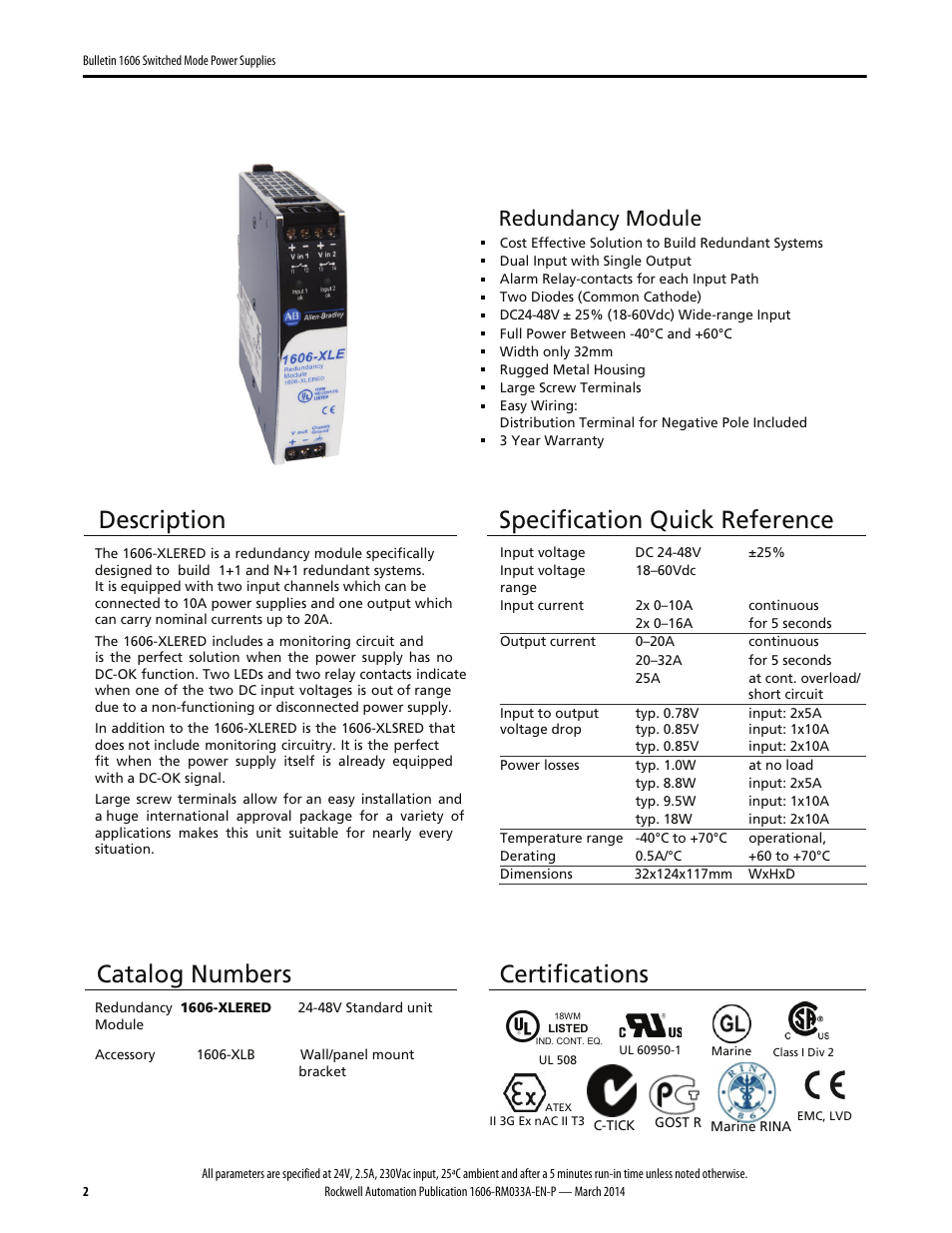 Description, Specification quick reference, Catalog numbers | Certifications, Redundancy module | Rockwell Automation 1606-XLERED Power Supply Reference Manual User Manual | Page 2 / 20
