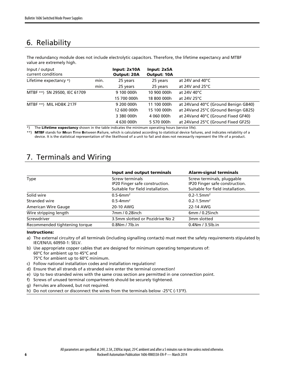 Reliability, Terminals and wiring | Rockwell Automation 1606-XLERED Power Supply Reference Manual User Manual | Page 6 / 20