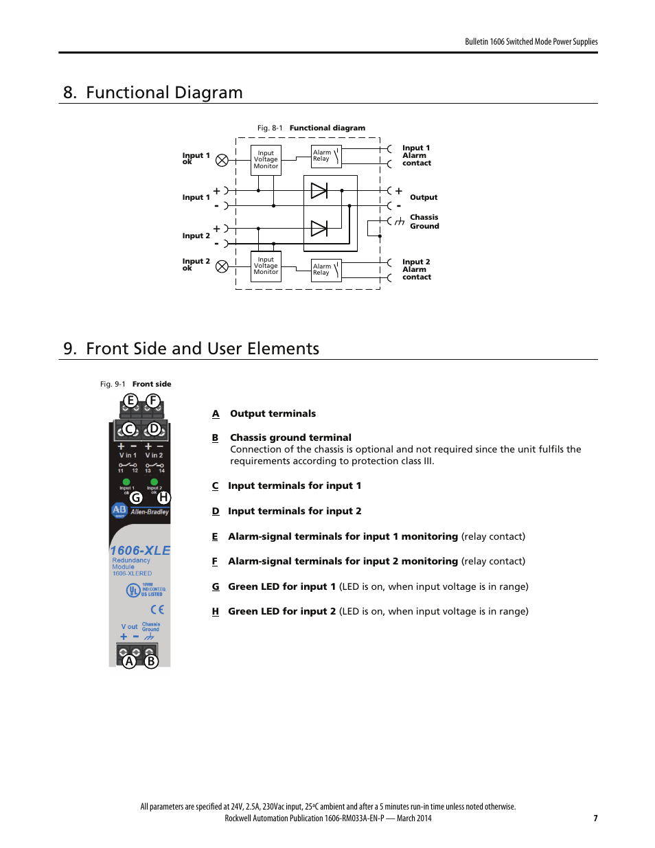Functional diagram, Front side and user elements | Rockwell Automation 1606-XLERED Power Supply Reference Manual User Manual | Page 7 / 20
