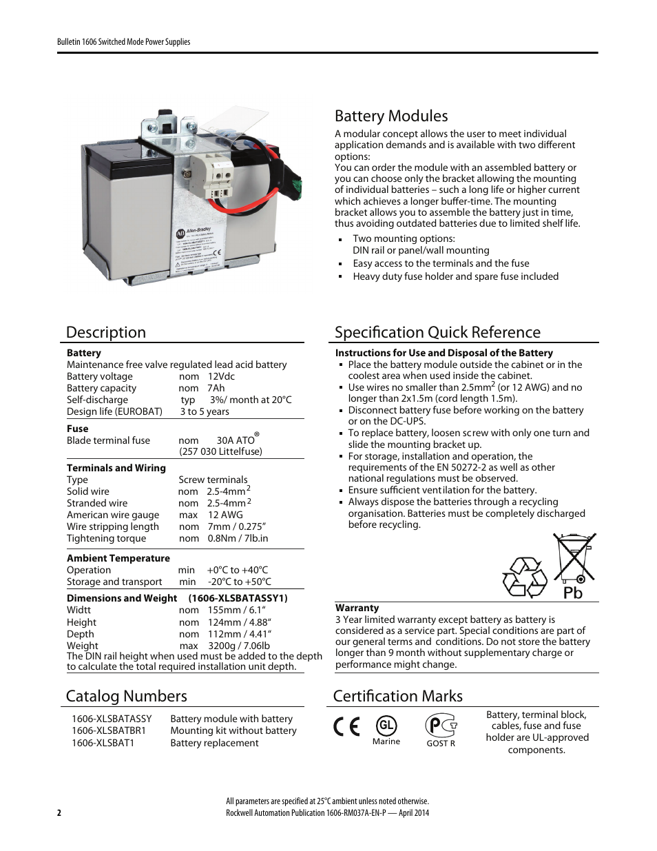 Battery modules, Description, Specification quick reference | Catalog numbers, Certification marks | Rockwell Automation 1606-XLSBATBR1 Power Supply Reference Manual User Manual | Page 2 / 6