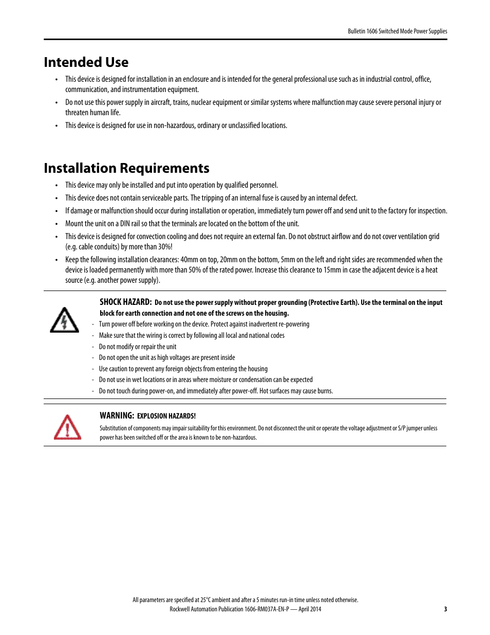 1606-rm037a-en-p, Intended use, Installation requirements | Rockwell Automation 1606-XLSBATBR1 Power Supply Reference Manual User Manual | Page 3 / 6