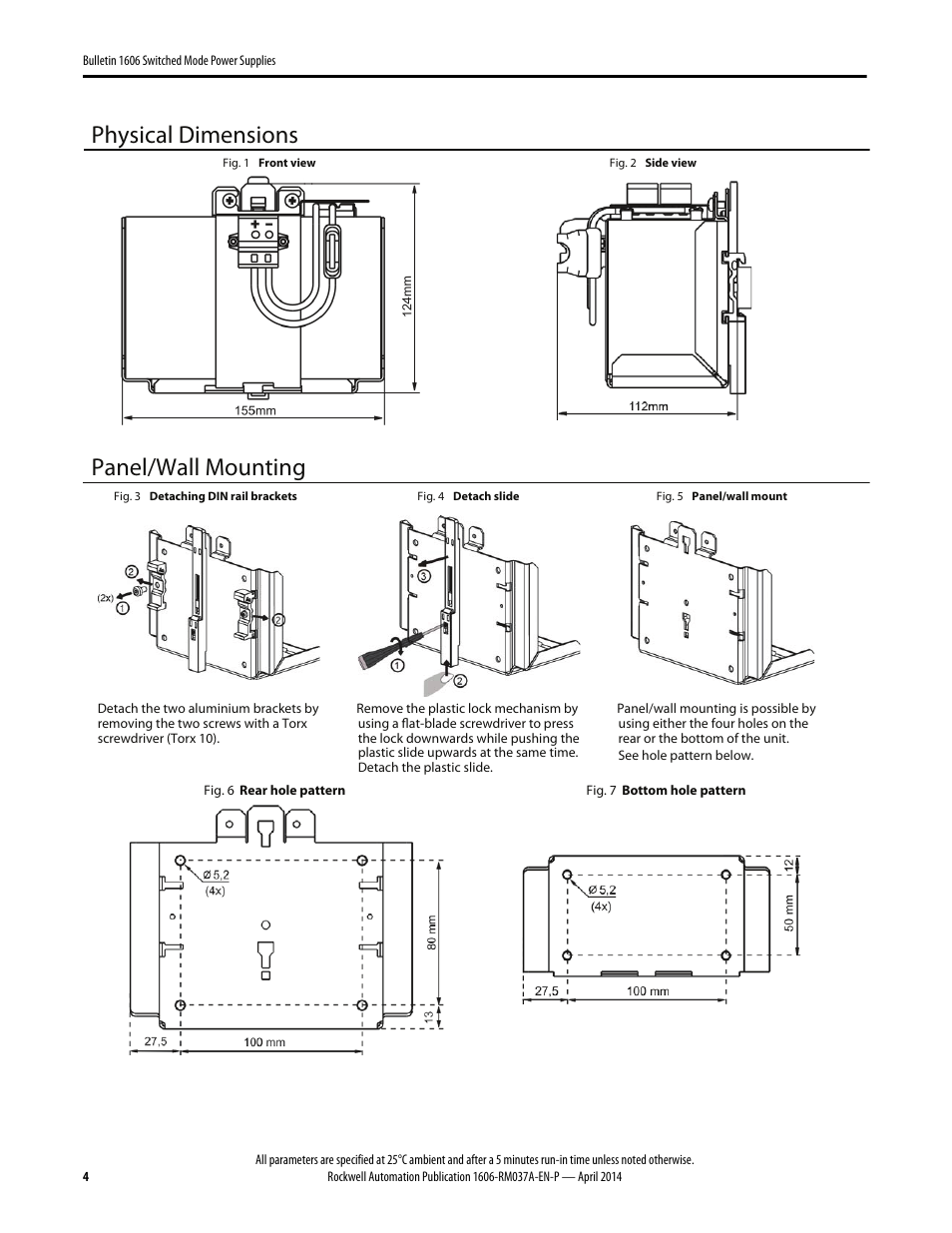 Physical dimensions, Panel/wall mounting | Rockwell Automation 1606-XLSBATBR1 Power Supply Reference Manual User Manual | Page 4 / 6