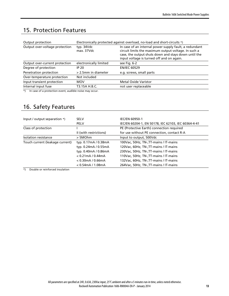 Protection features, Safety features | Rockwell Automation 1606-XLP15E Power Supply Reference Manual User Manual | Page 13 / 24