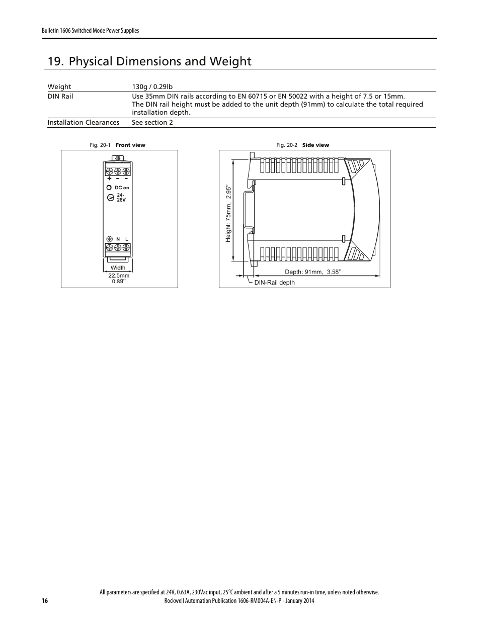 Physical dimensions and weight | Rockwell Automation 1606-XLP15E Power Supply Reference Manual User Manual | Page 16 / 24