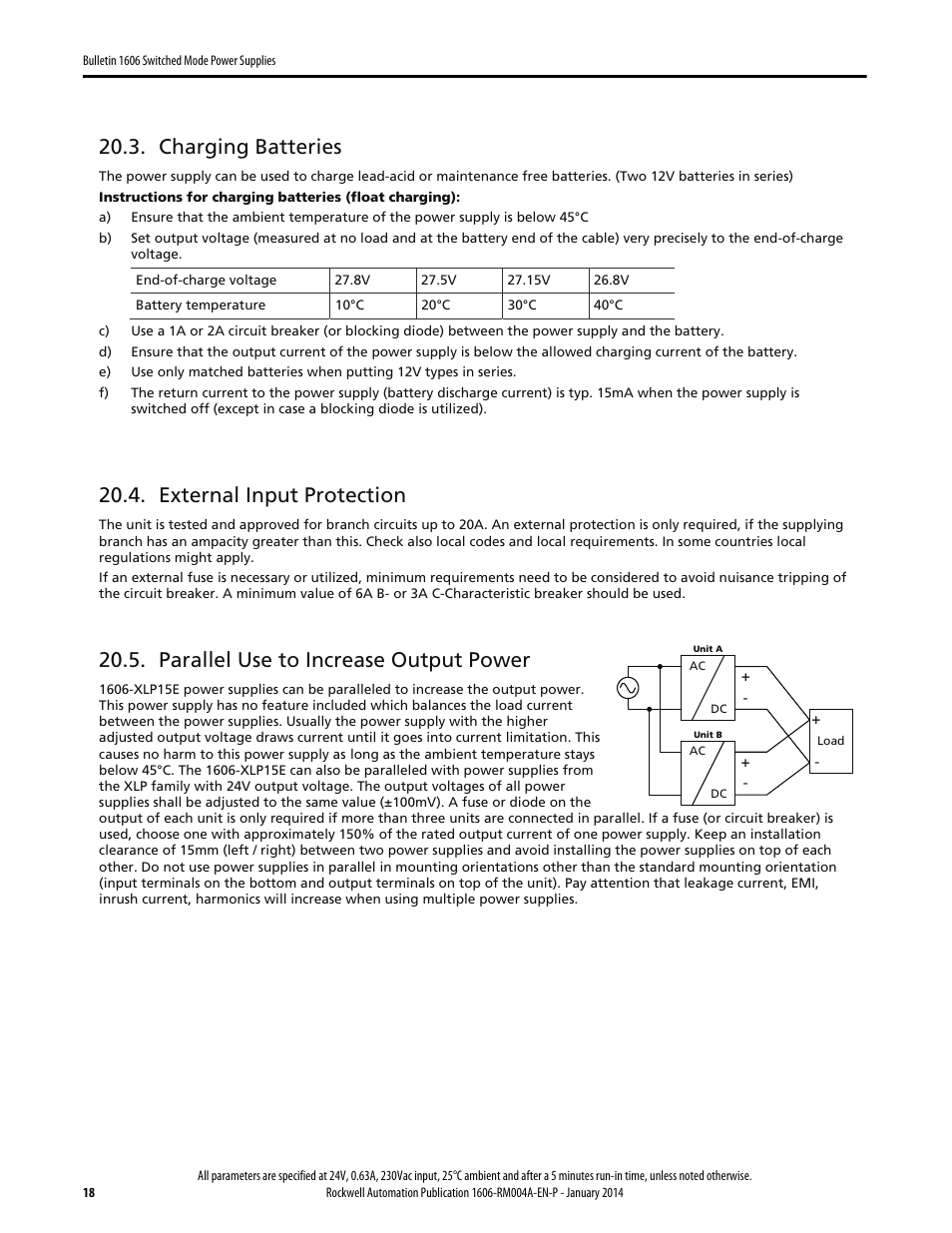 Charging batteries, External input protection, Parallel use to increase output power | Rockwell Automation 1606-XLP15E Power Supply Reference Manual User Manual | Page 18 / 24