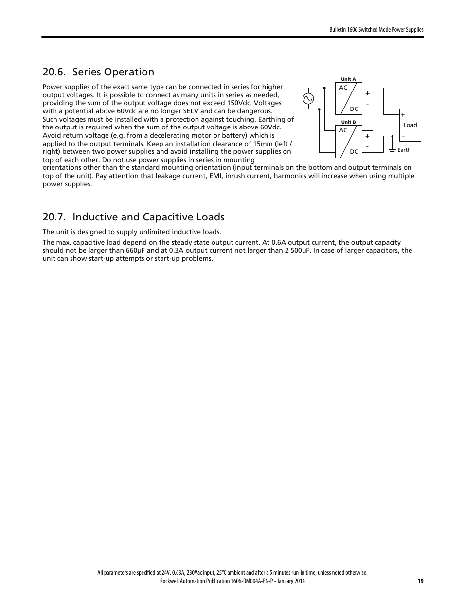 Series operation, Inductive and capacitive loads | Rockwell Automation 1606-XLP15E Power Supply Reference Manual User Manual | Page 19 / 24