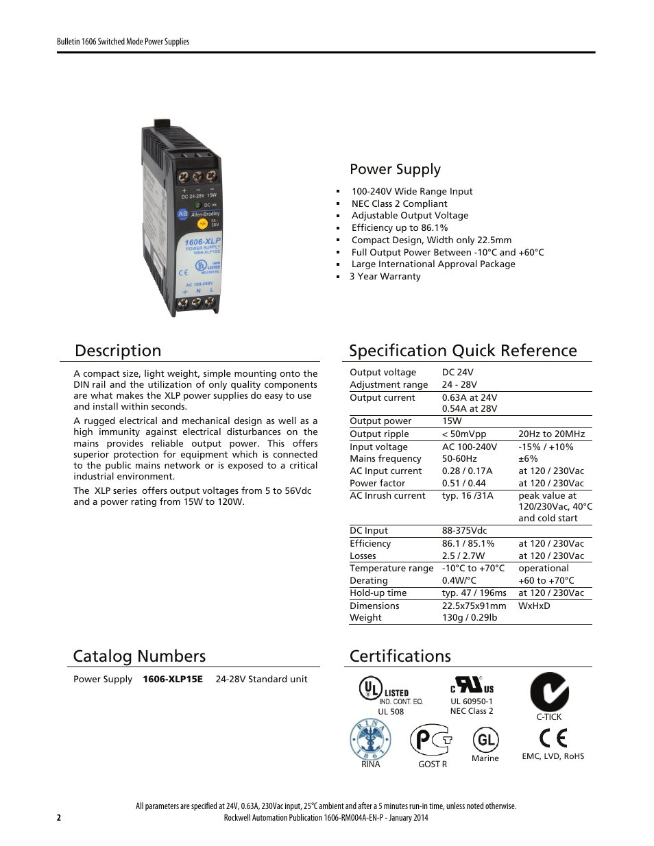 Description, Specification quick reference, Catalog numbers | Certifications, Power supply | Rockwell Automation 1606-XLP15E Power Supply Reference Manual User Manual | Page 2 / 24