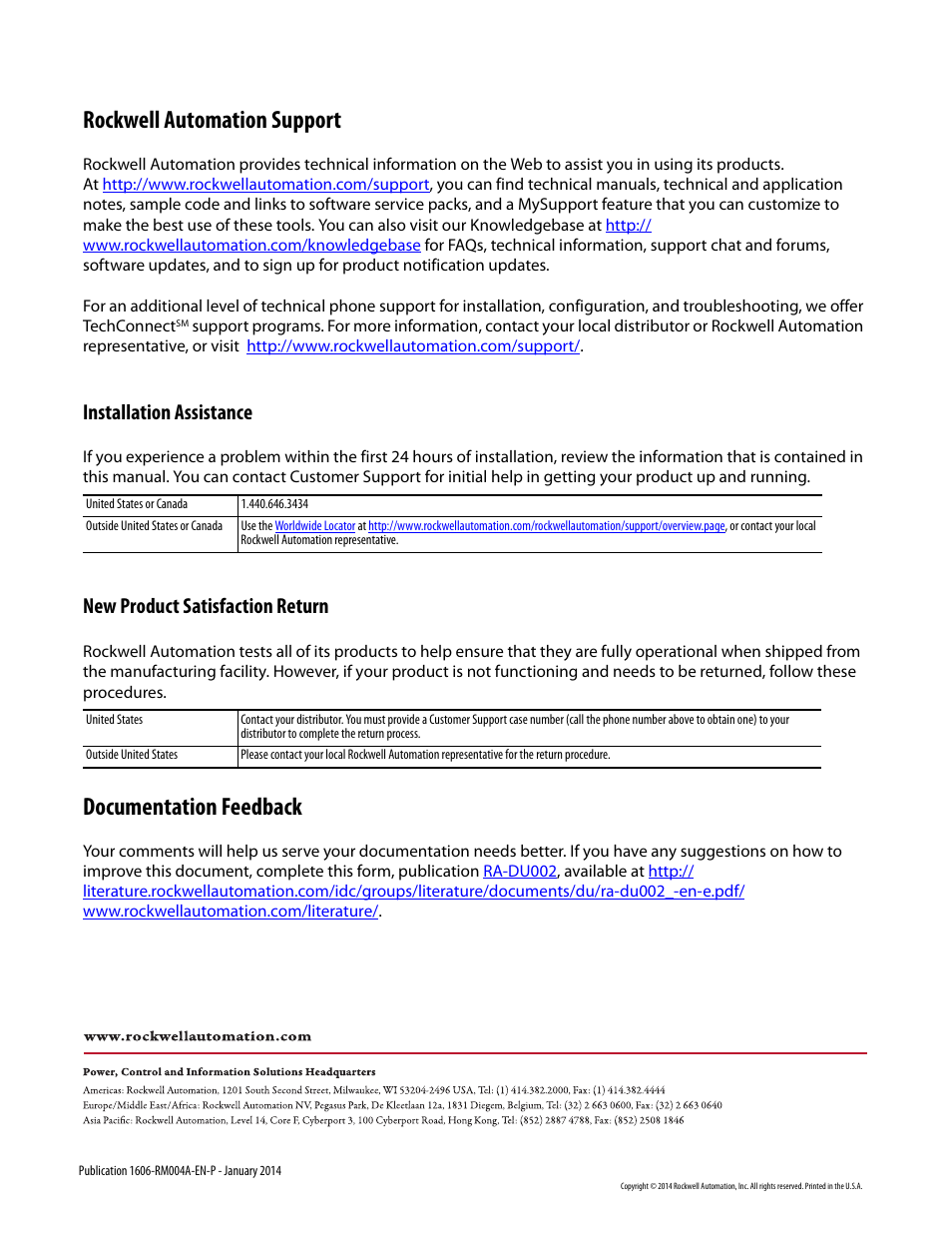 1606 back, Rockwell automation support, Documentation feedback | Installation assistance, New product satisfaction return | Rockwell Automation 1606-XLP15E Power Supply Reference Manual User Manual | Page 24 / 24
