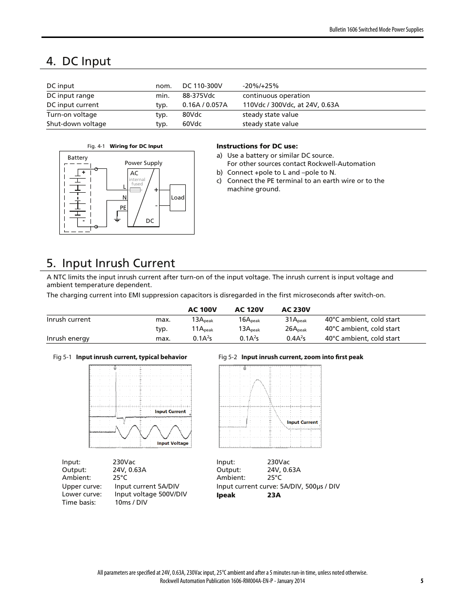 Dc input, Input inrush current | Rockwell Automation 1606-XLP15E Power Supply Reference Manual User Manual | Page 5 / 24