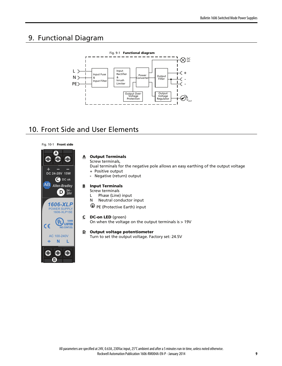 Functional diagram, Front side and user elements, 1606-xlp | Rockwell Automation 1606-XLP15E Power Supply Reference Manual User Manual | Page 9 / 24