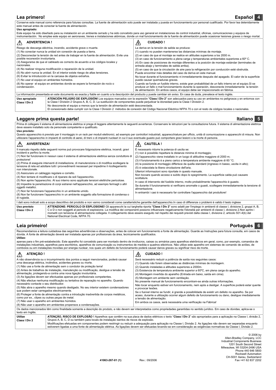 Lea primero! español 4, Leggere prima questa parte! italiano 5, Leia primeiro! portuguès 6 | Rockwell Automation 1606-XLP DC Power Supply (90 - 120W Units) User Manual | Page 2 / 4