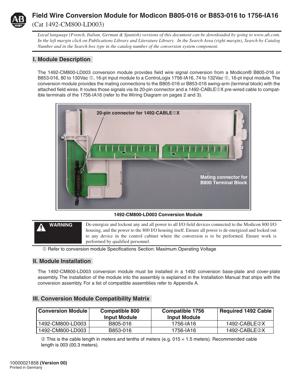 Rockwell Automation 1492-CM800-LD003 Field Wire Conv. Module for Modicon B805-016 or B853-016 to 1756-IA16 User Manual | 4 pages