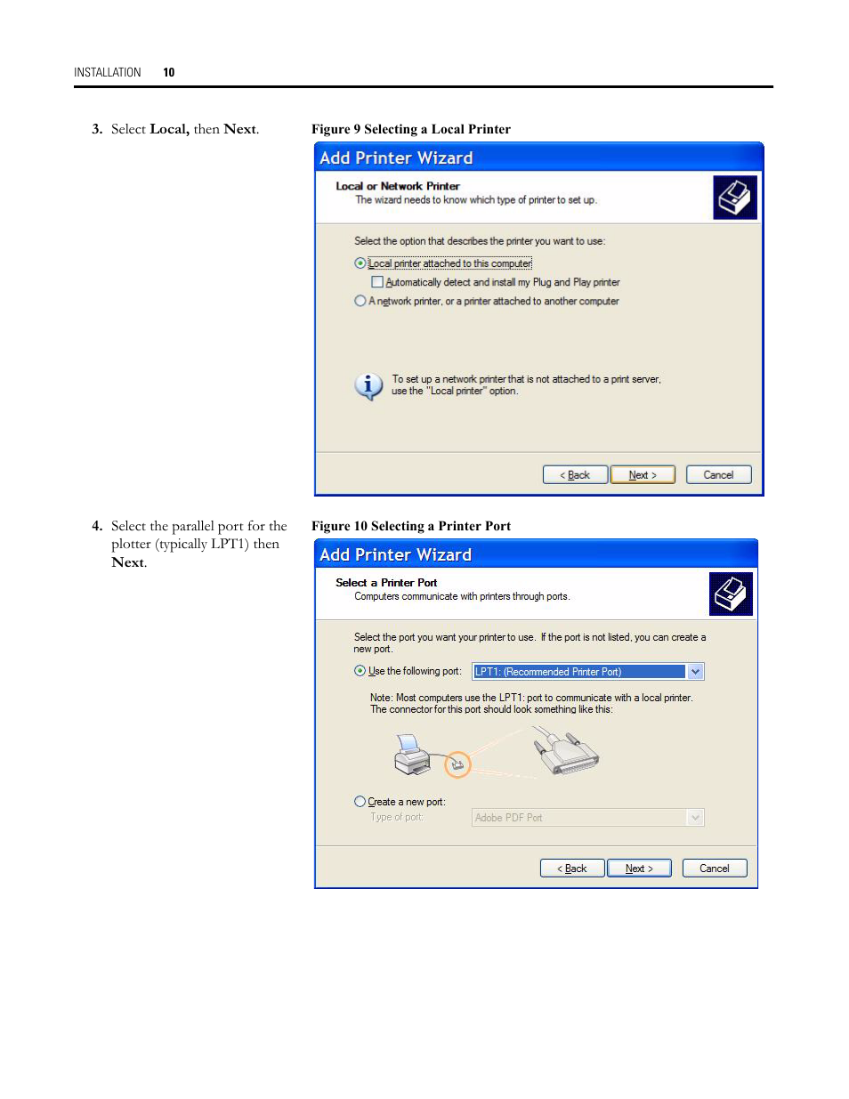 Figure 9 selecting a local printer, Figure 10 selecting a printer port, Selecting a local printer selecting a printer port | Rockwell Automation Allen-Bradley Plot Software User Manual User Manual | Page 10 / 46
