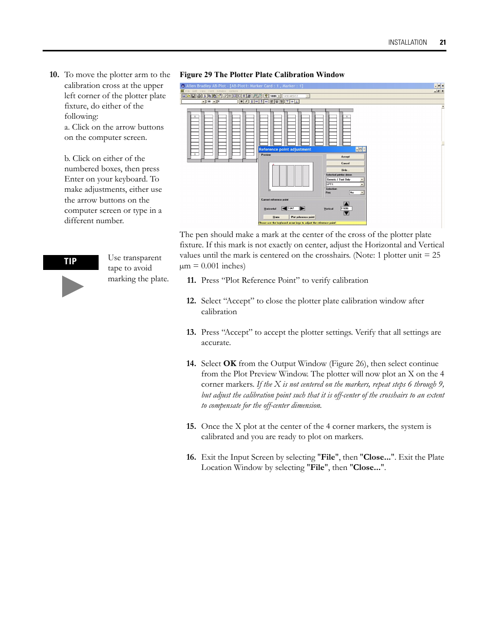 Figure 29 the plotter plate calibration window | Rockwell Automation Allen-Bradley Plot Software User Manual User Manual | Page 21 / 46
