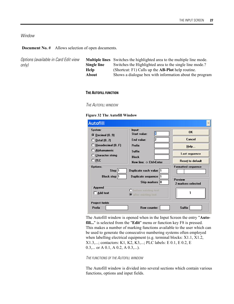 Window, Options (available in card edit view only), The autofill function | The autofill window, Figure 32 the autofill window, The functions of the autofill window | Rockwell Automation Allen-Bradley Plot Software User Manual User Manual | Page 27 / 46